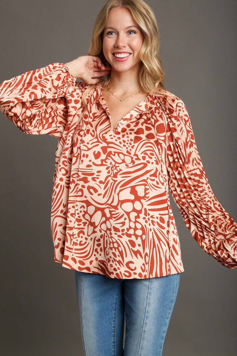 Umgee Animal Print Long Pleated Sleeve Top in Rust Mix – June Adel