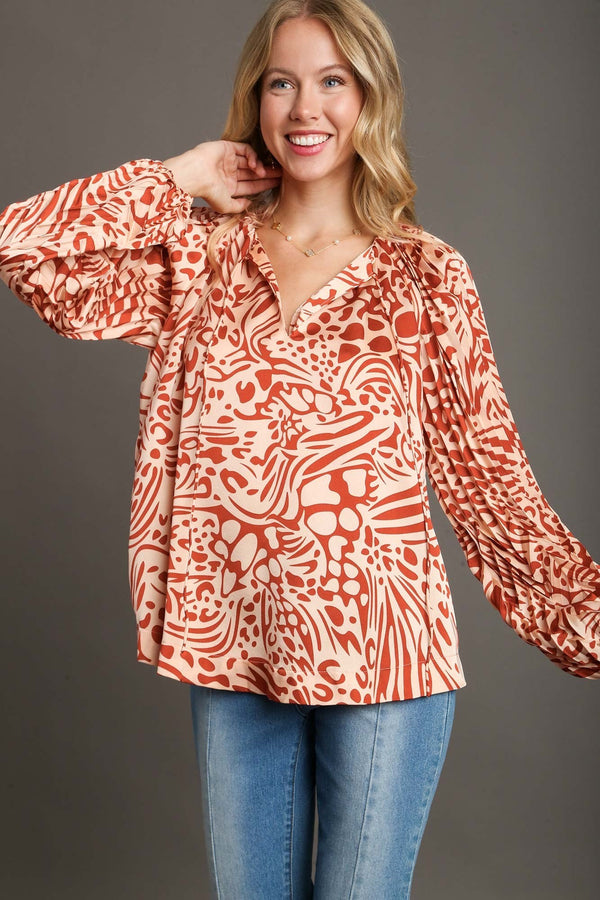 Umgee Animal Print Long Pleated Sleeve Top in Rust Mix Shirts & Tops Umgee   