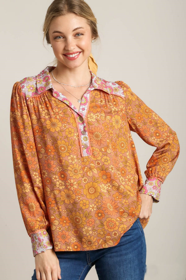 Umgee Mix-n-Match Floral Print Collared Top in Mustard Mix Shirts & Tops Umgee   