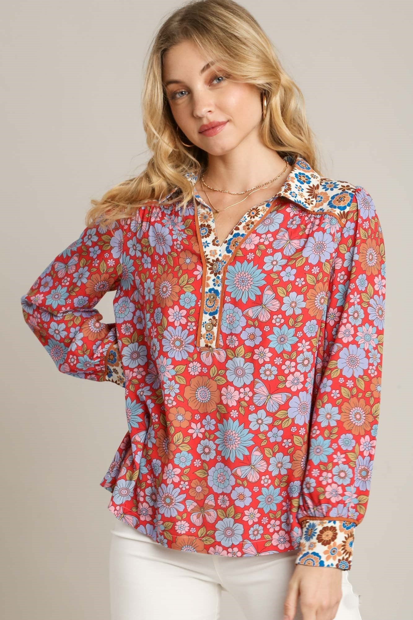 Umgee Mix-n-Match Floral Print Collared Top in Red Mix – June Adel