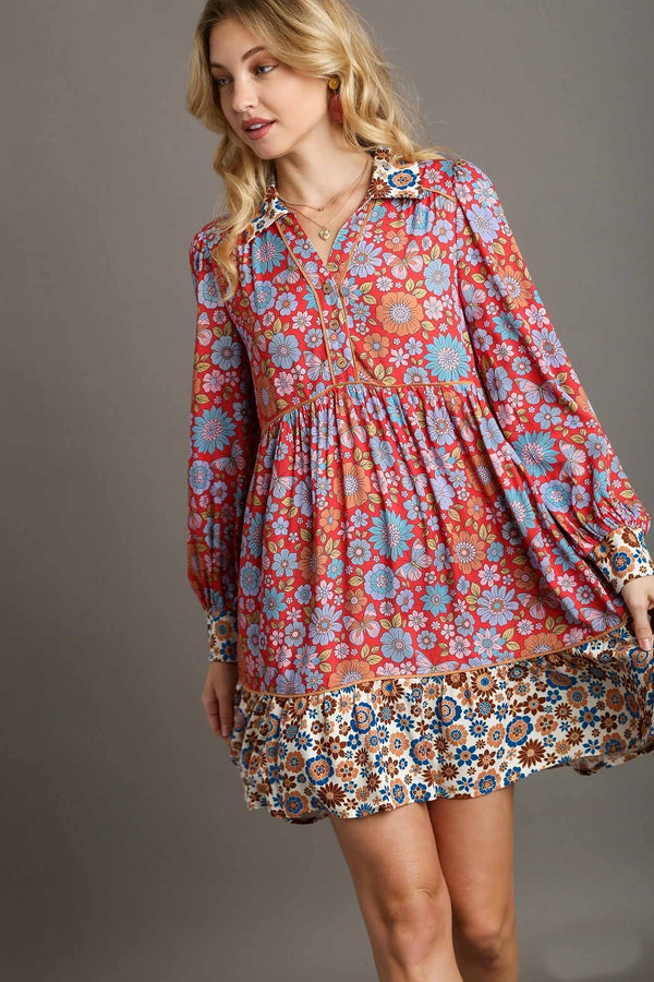 Umgee Mix-n-Match Floral Print Dress in Red Mix Dresses Umgee   
