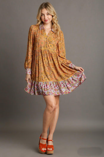 Umgee Mix-n-Match Floral Print Dress in Mustard Mix Dresses Umgee   
