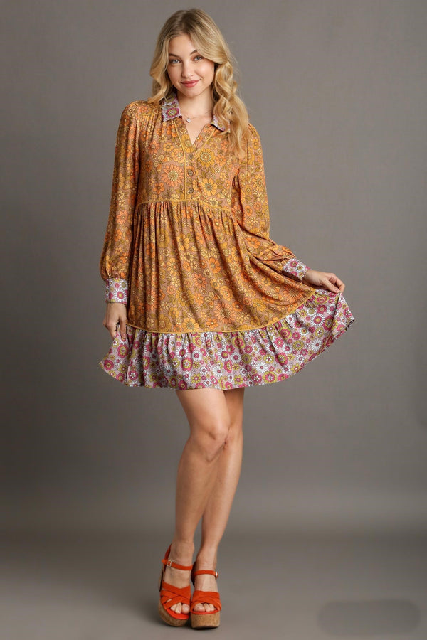 Umgee Mix-n-Match Floral Print Dress in Mustard Mix Dresses Umgee   