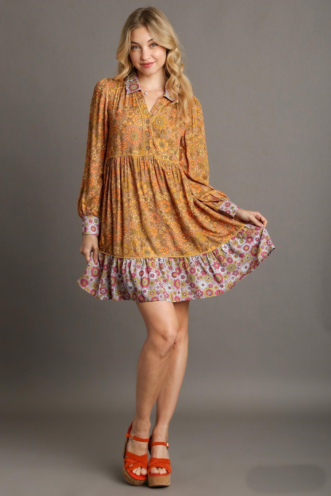 Umgee Mix-n-Match Floral Print Dress in Mustard Mix Dresses Umgee   
