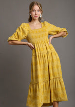 Load image into Gallery viewer, Umgee A-Line Jacquard Swiss Dot Tiered Dress in Goldenrod Dresses Umgee   
