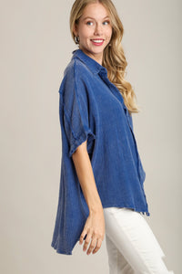 Umgee Cotton Gauze Button Down Collared Top in Blue