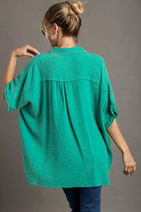 Umgee Cotton Gauze Button Down Collared Top in Jade Green