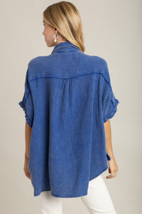 Umgee Cotton Gauze Button Down Collared Top in Blue