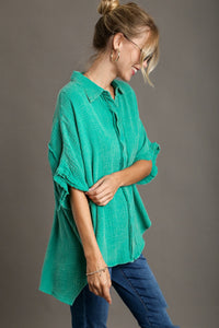 Umgee Cotton Gauze Button Down Collared Top in Jade Green