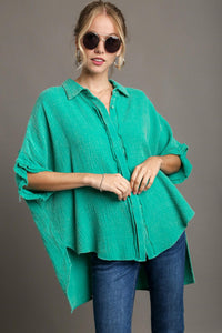 Umgee Cotton Gauze Button Down Collared Top in Jade Green