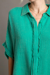 Umgee Cotton Gauze Button Down Collared Top in Jade Green