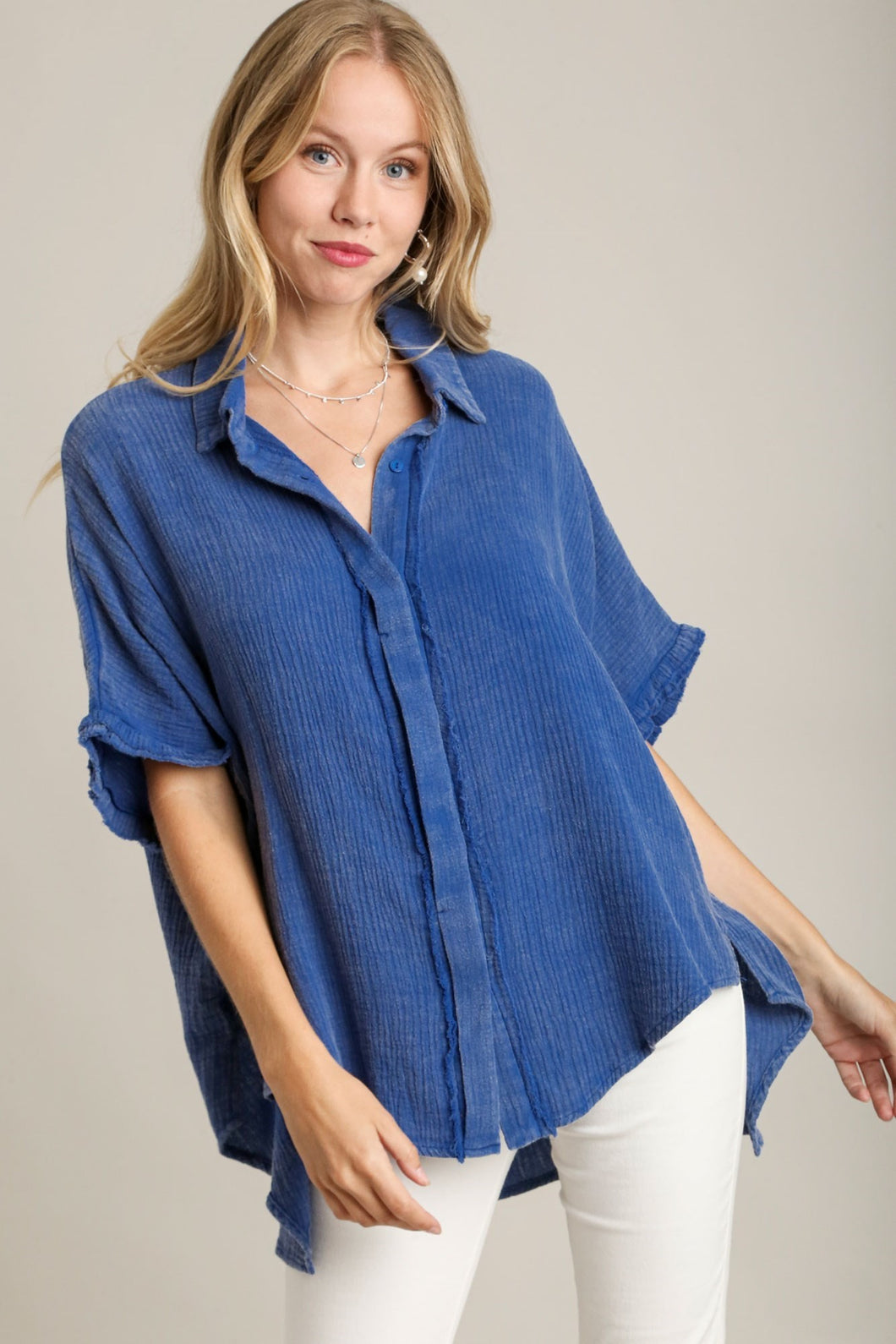 Umgee Cotton Gauze Button Down Collared Top in Blue