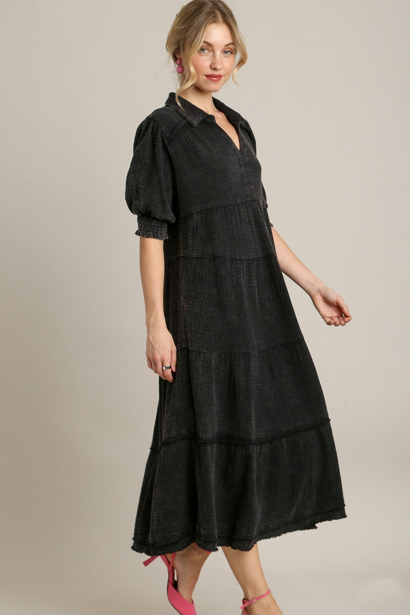 Umgee Mineral Washed Cotton Gauze Tiered Maxi Dress in Ash – June Adel