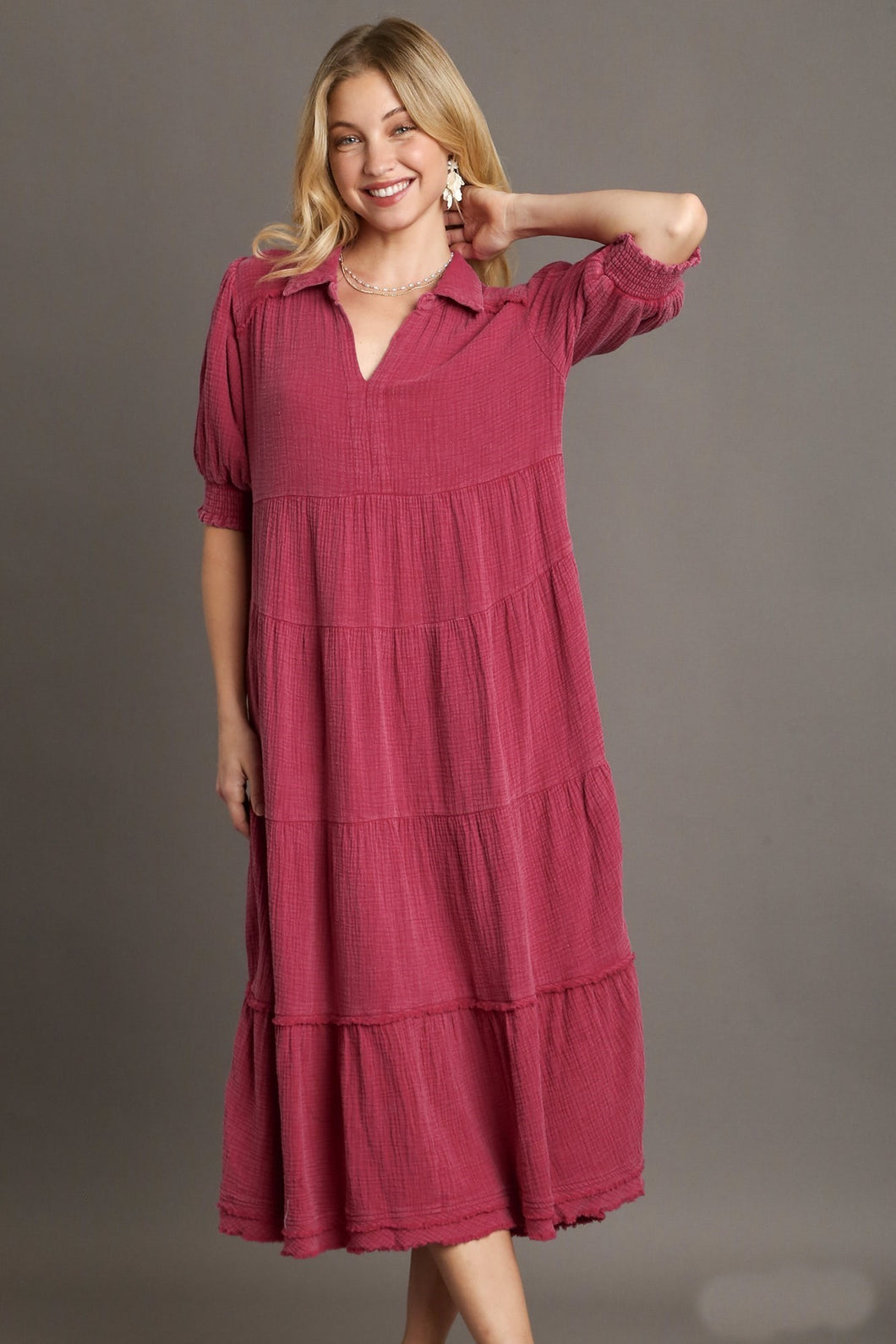 Umgee Mineral Washed Cotton Gauze Tiered Maxi Dress in Ruby June Adel