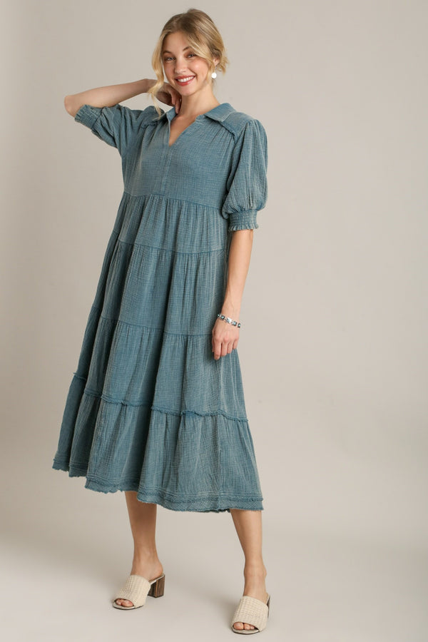 Umgee Mineral Washed Cotton Gauze Tiered Maxi Dress in Teal Dresses Umgee   