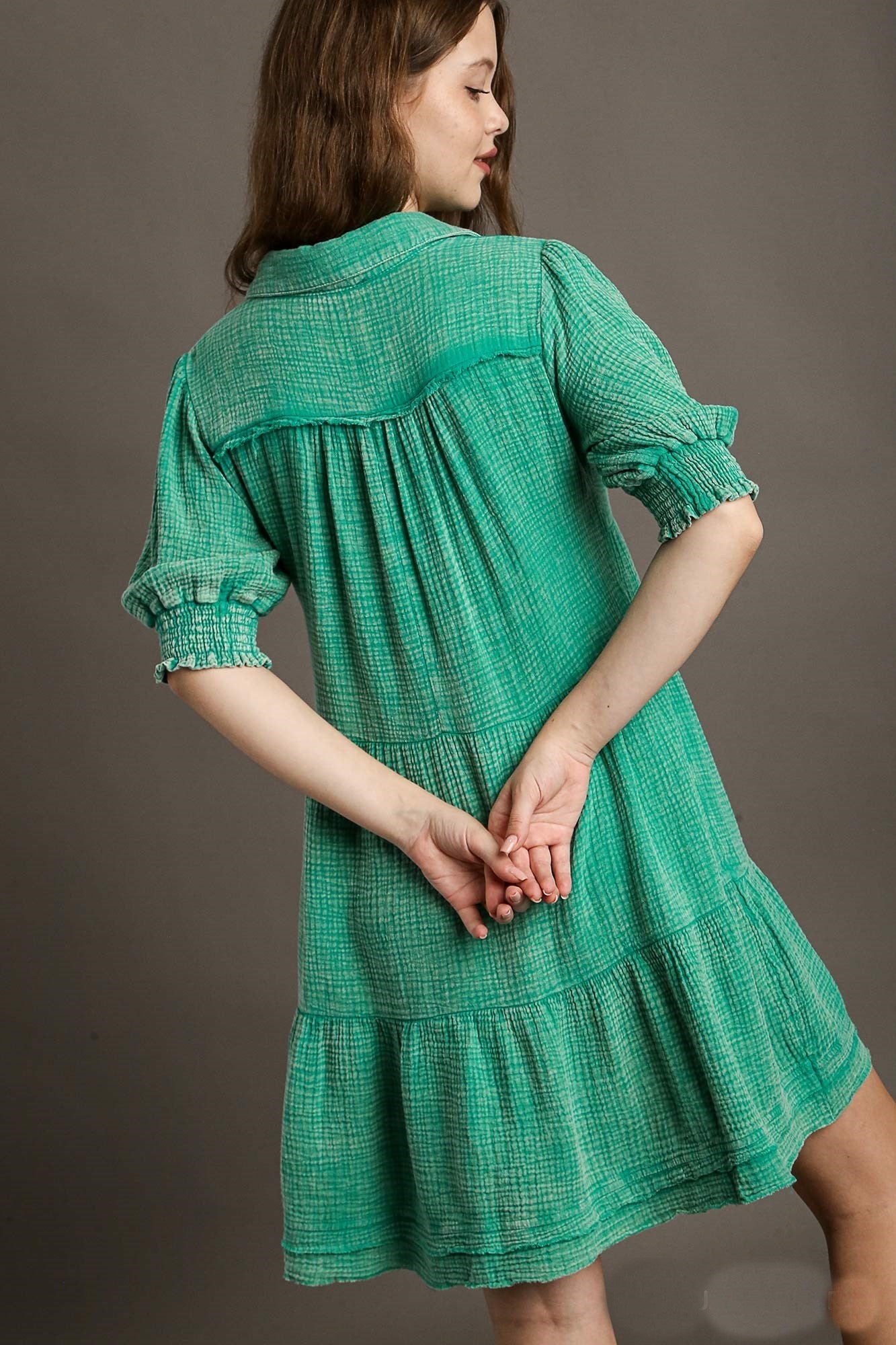 Umgee Mineral Washed Cotton Gauze Tiered Collar Dress in Jade