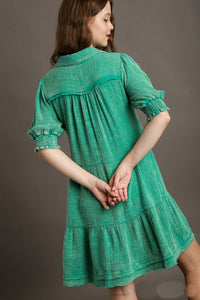 Umgee Mineral Washed Cotton Gauze Tiered Collar Dress in Jade Green Dresses Umgee   