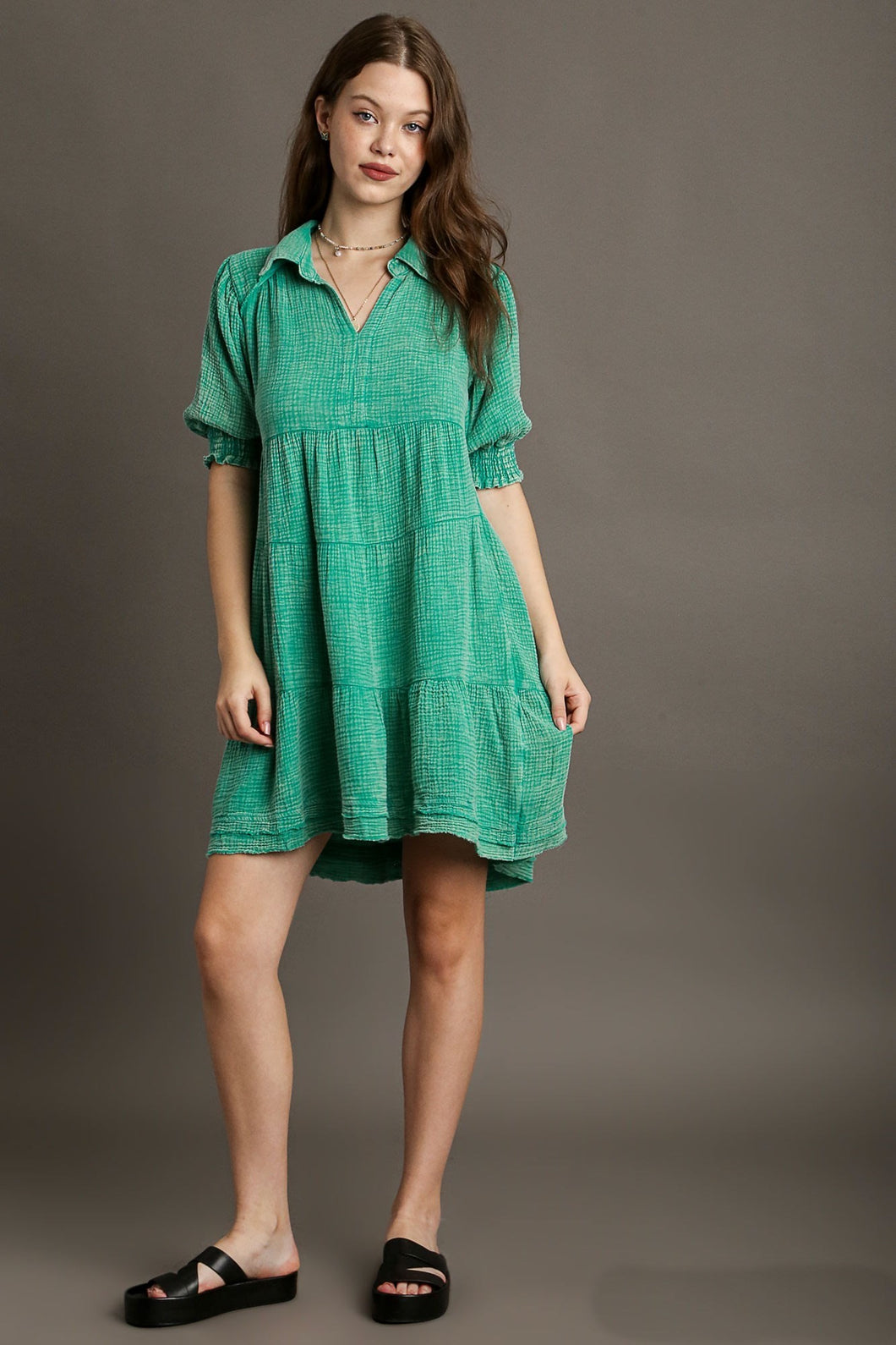 Umgee Mineral Washed Cotton Gauze Tiered Collar Dress in Jade Green Dresses Umgee   