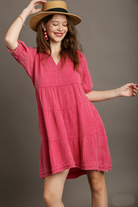 Umgee Mineral Washed Cotton Gauze Tiered Collar Dress in Hot Pink Dresses Umgee   