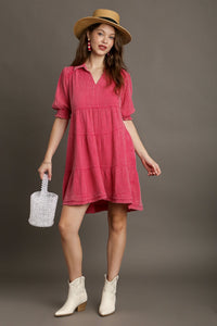 Umgee Mineral Washed Cotton Gauze Tiered Collar Dress in Hot Pink Dresses Umgee   