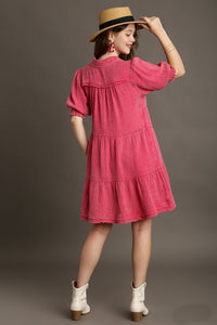 Umgee Mineral Washed Cotton Gauze Tiered Collar Dress in Hot Pink Dresses Umgee   