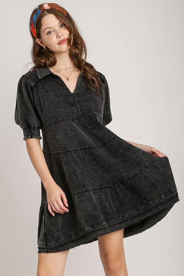 Umgee Mineral Washed Cotton Gauze Tiered Collar Dress in Ash Dresses Umgee   