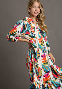 Umgee Pullover A-Line Tropical Print Midi Dress in Cream Mix