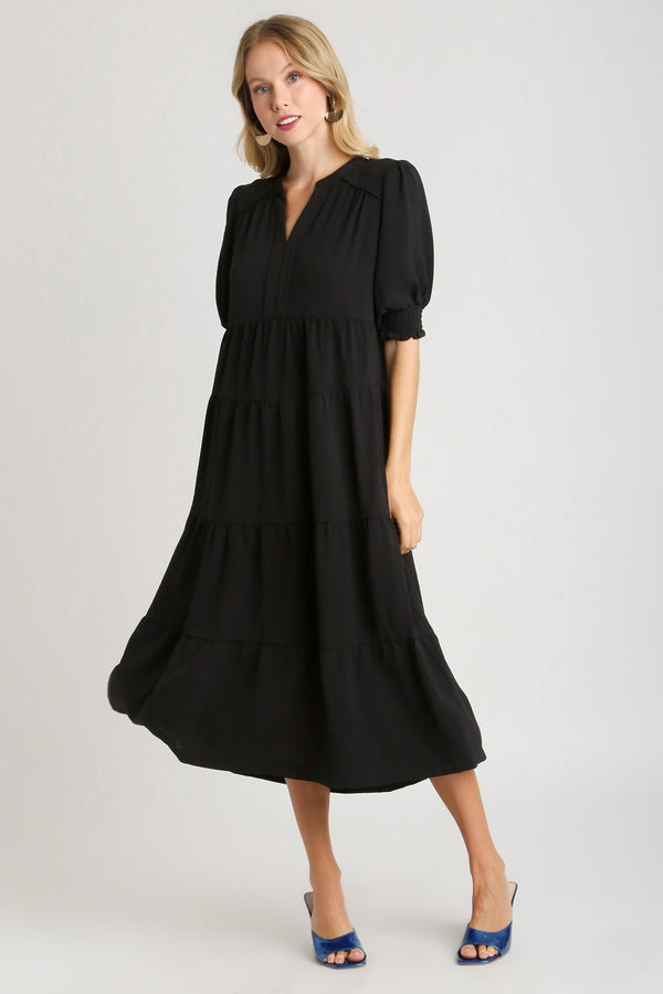 Umgee Solid Color A-Line Tiered Midi Dress with Piping Details in Black Dresses Umgee   