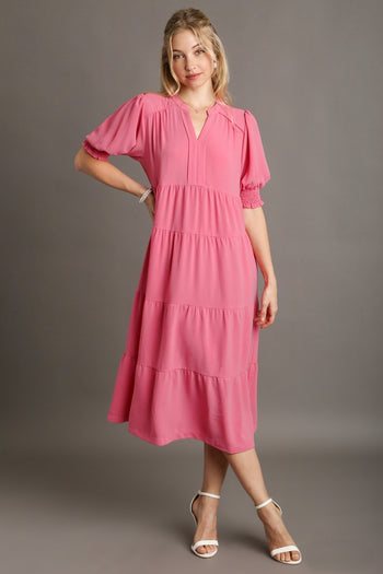 Umgee Solid Color A-Line Tiered Midi Dress with Piping Details in Rose Pink Dresses Umgee   
