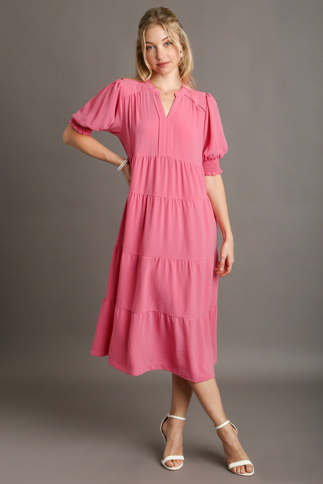 Umgee Solid Color A-Line Tiered Midi Dress with Piping Details in Rose Pink Dresses Umgee   