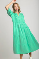 Umgee Solid Color A-Line Tiered Midi Dress with Piping Details in Emerald Dresses Umgee   