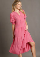 Umgee Solid Color A-Line Tiered Midi Dress with Piping Details in Rose Pink Dresses Umgee   