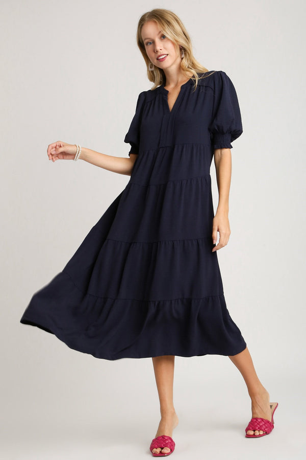 Umgee Solid Color A-Line Tiered Midi Dress with Piping Details in Navy Dresses Umgee   