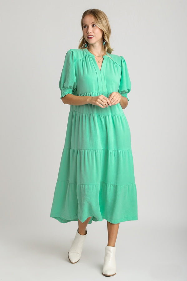 Umgee Solid Color A-Line Tiered Midi Dress with Piping Details in Emerald Dresses Umgee   