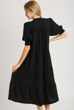 Load image into Gallery viewer, Umgee Solid Color A-Line Tiered Midi Dress with Piping Details in Black Dresses Umgee   
