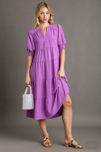 Umgee Solid Color A-Line Tiered Midi Dress with Piping Details in Orchid Dresses Umgee   