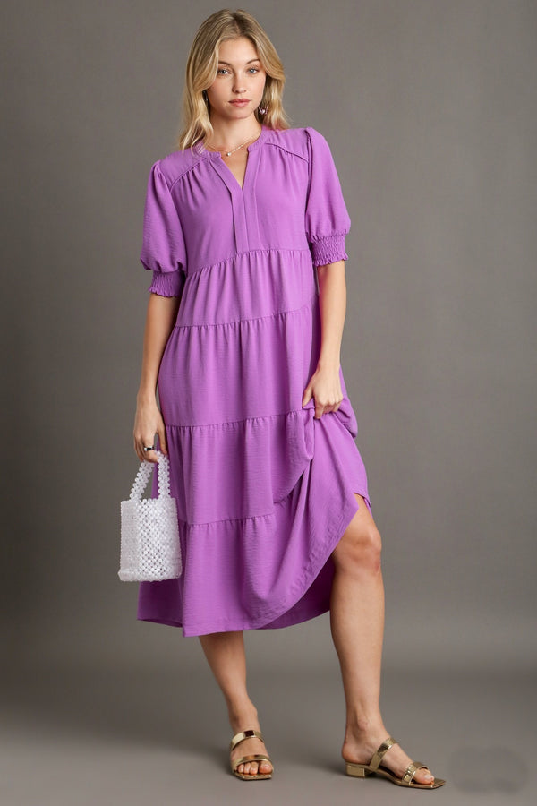 Umgee Solid Color A-Line Tiered Midi Dress with Piping Details in Orchid ON ORDER Dresses Umgee   