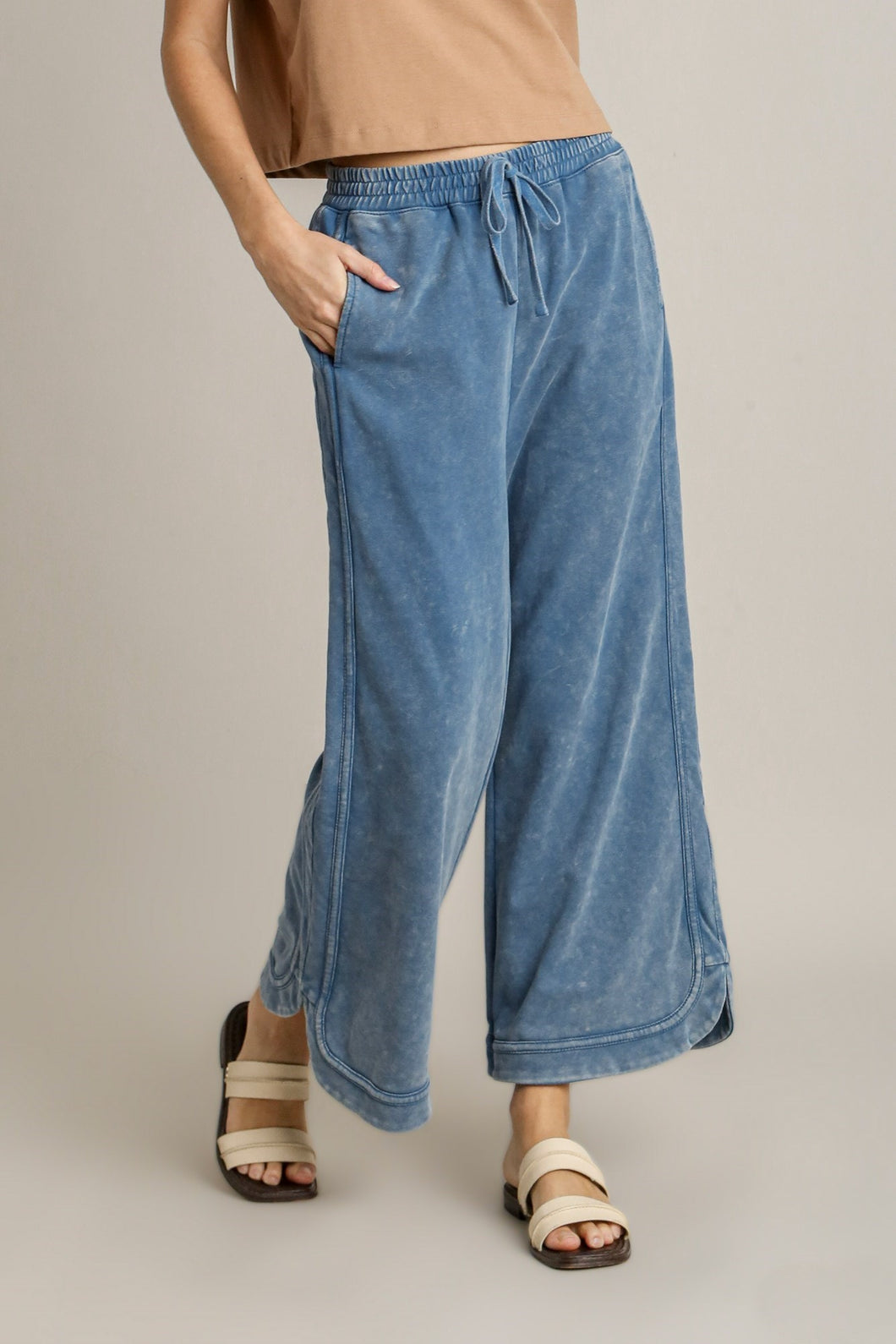 Umgee Mineral Washed French Terry Knit Pants in Denim