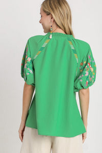 Umgee Smocked V-Neck Top with Embroidery Sleeve Details in Kelly Green Shirts & Tops Umgee   