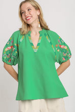 Load image into Gallery viewer, Umgee Smocked V-Neck Top with Embroidery Sleeve Details in Kelly Green Shirts &amp; Tops Umgee   
