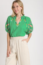 Load image into Gallery viewer, Umgee Smocked V-Neck Top with Embroidery Sleeve Details in Kelly Green Shirts &amp; Tops Umgee   
