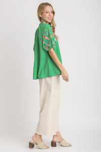 Umgee Smocked V-Neck Top with Embroidery Sleeve Details in Kelly Green Shirts & Tops Umgee   