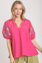 Load image into Gallery viewer, Umgee Smocked V-Neck Top with Embroidery Sleeve Details in Hot Pink Shirts &amp; Tops Umgee   
