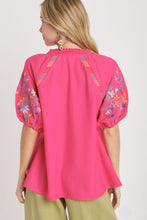 Load image into Gallery viewer, Umgee Smocked V-Neck Top with Embroidery Sleeve Details in Hot Pink Shirts &amp; Tops Umgee   
