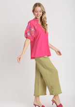 Load image into Gallery viewer, Umgee Smocked V-Neck Top with Embroidery Sleeve Details in Hot Pink Shirts &amp; Tops Umgee   
