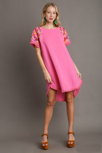 Umgee Cotton Gauze Dress with Embroidery Sleeves in Bubblegum Dresses Umgee   