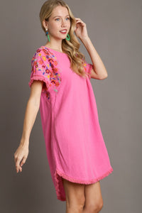 Umgee Cotton Gauze Dress with Embroidery Sleeves in Bubblegum Dresses Umgee   