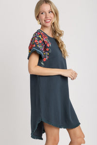 Umgee Cotton Gauze Dress with Embroidery Sleeves in Seaweed Dresses Umgee   
