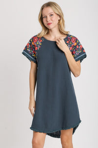 Umgee Cotton Gauze Dress with Embroidery Sleeves in Seaweed Dresses Umgee   
