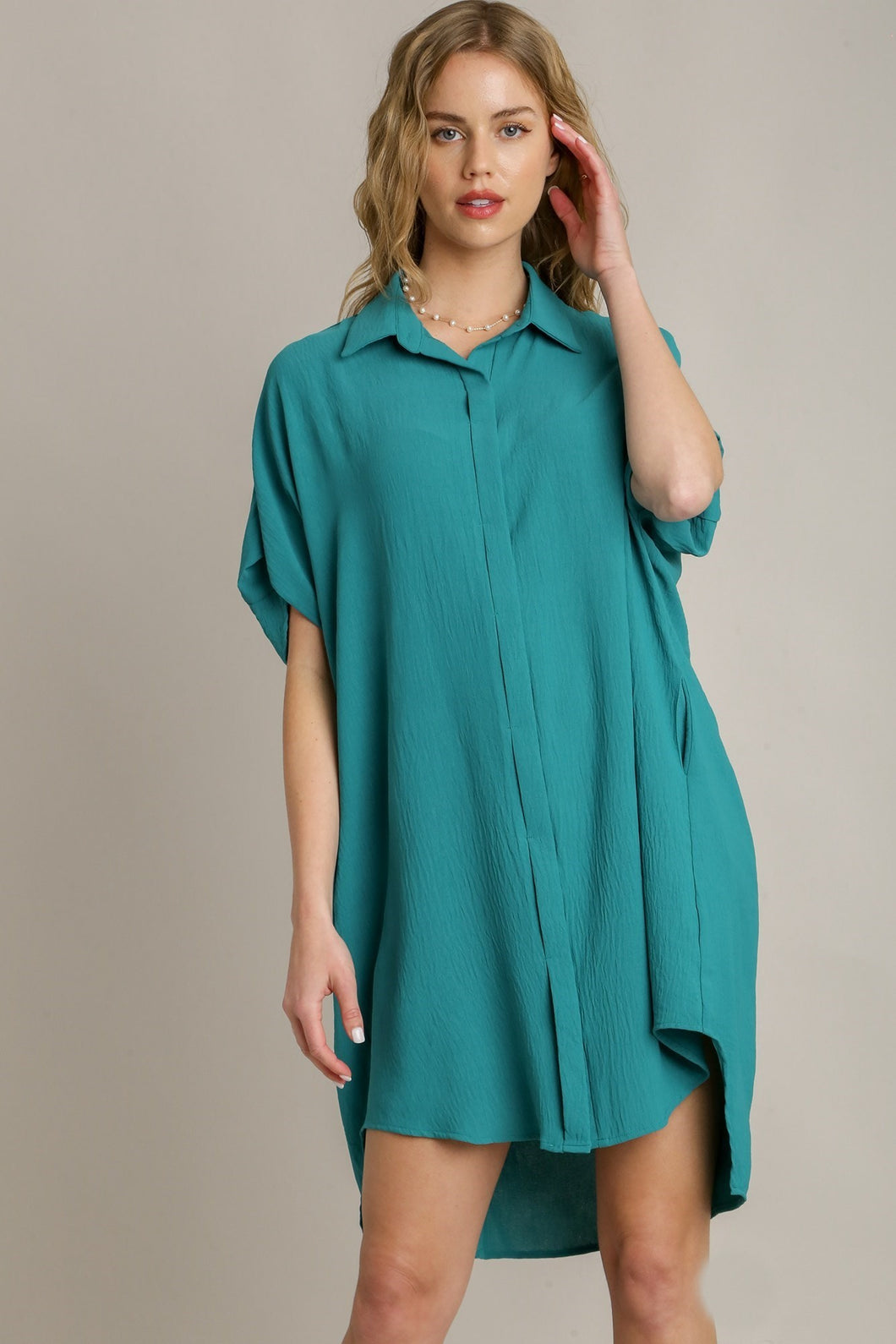 Umgee Placket Hidden Button Down Shirt Dress in Turquoise Dress Umgee   